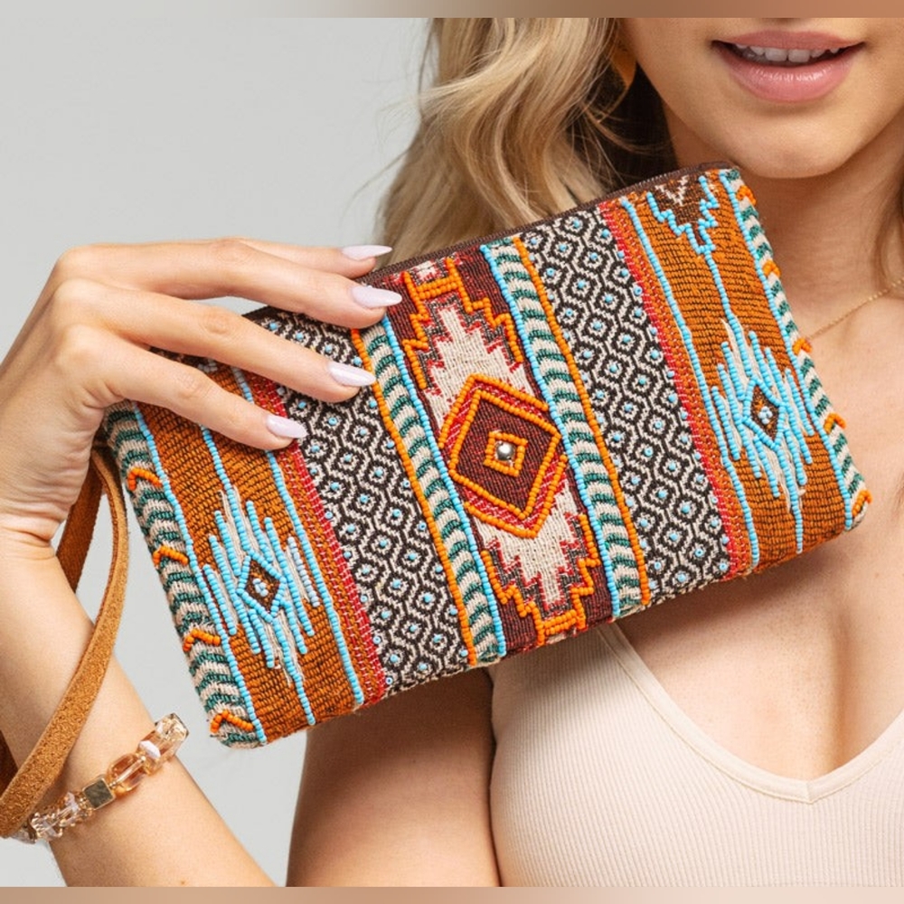 Handmade Hand Beaded Wristlet Clutch - Ethnic Inspired Design - Dyed Fine Cotton